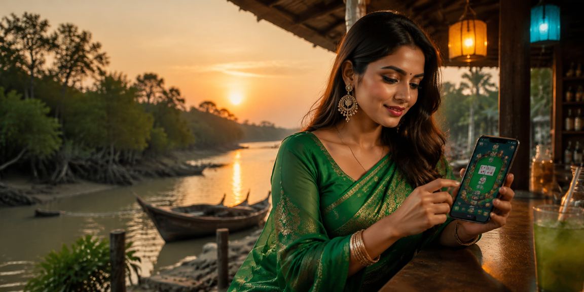 A woman in a saree against a Sundarbans backdrop enjoying kb8 poker games and lottery